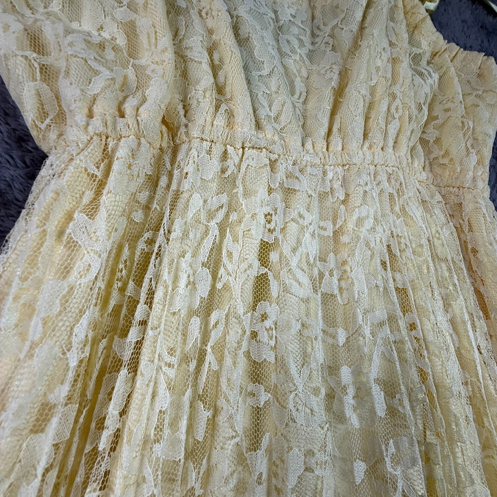 Vintage 70s Yellow Lace Maxi Dress Tie Shoulder Straps Boho Empire Waist Floor - Picture 5 of 9